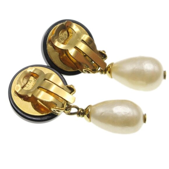 Chanel Artificial Pearl Dangle Earrings Clip-On Black 94A 19015 - Picture 2 of 6